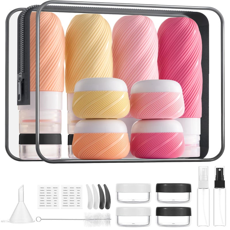 LitBear 23 Pack TSA Approved Travel Bottles for Toiletries, Leak Proof Refillable Travel Size Containers Kit with Silicone Squeezable Bottles Jars for Shampoo Lotion Conditioner, in Clear Bag, Pink - Image 1